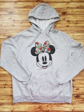 Disney Women's XXL Gray Minnie Mouse Floral Bow Hoodie Spring Flowers Daisies